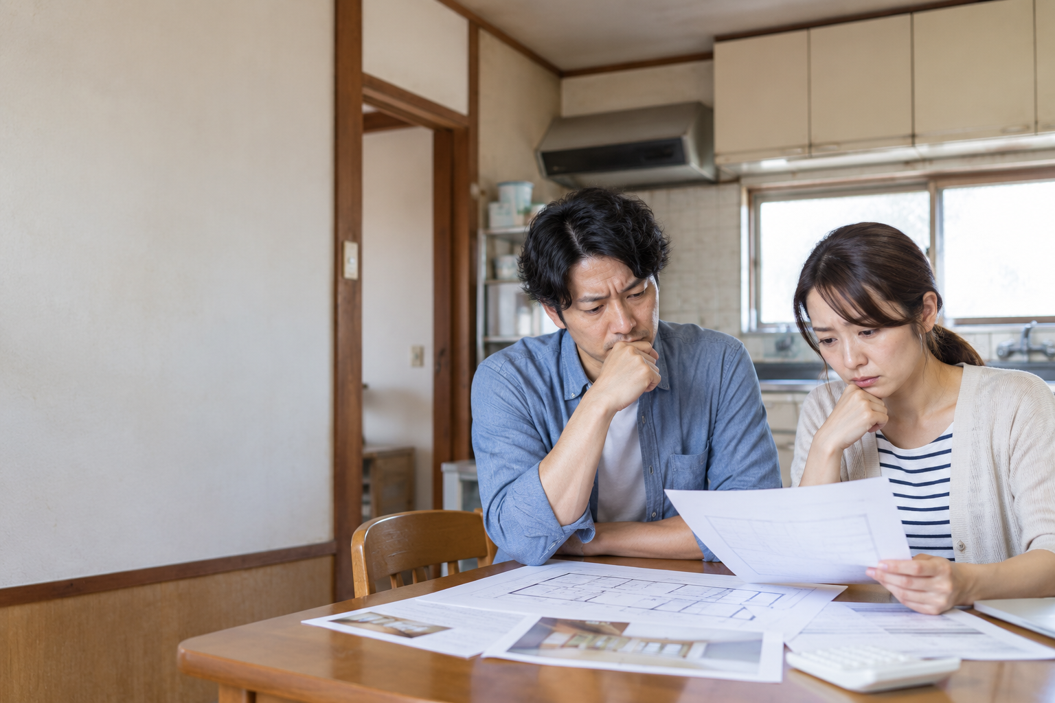 中古住宅を購入した夫婦が図面を見ながら不安そうに相談している様子